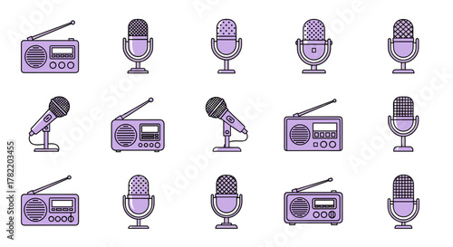 Collection of vintage and modern microphones and radios, perfect for podcasting, broadcasting, music, and audio recording themes. This vector illustration set features clean, flat design icons with a