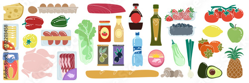 Food grocery set. Vegetable, fruit in supermarket. Meat, berries, healthy goods. Cartoon cooking ingredients. Kitchen shop icons. Culinary products of market. Vector isolated hand drawn illustration