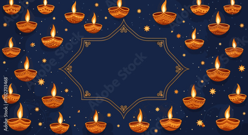 Vibrant Diwali background with traditional diyas illuminating the night sky, adorned with intricate patterns and sparkling stars, offering ample space for text, perfect for festive invitations and