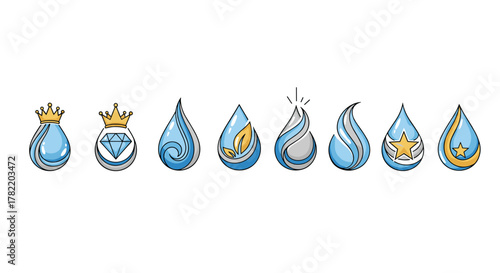Collection of eight stylized water drop logos, each featuring unique designs like crowns, diamonds, swirling water, leaves, and stars, presented on a clean white background, ideal for branding and