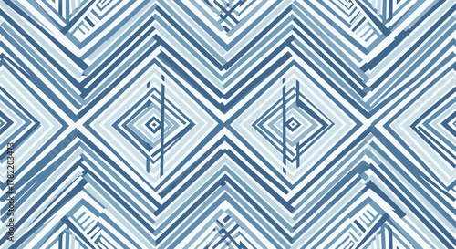 Seamless abstract geometric pattern featuring interlocking chevrons and diamond shapes in varying shades of blue and white, creating a dynamic and modern vector background with a simple lattice