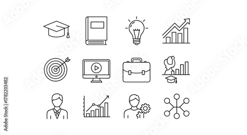Editable line icon set for personal growth, career development, e-learning, and training, featuring symbols for upskilling, skill enhancement, workflow, and professional advancement, presented as a
