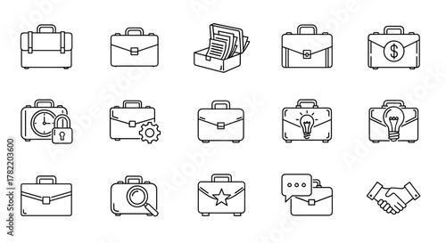 Collection of thin line icons representing briefcases and business concepts, perfect for web, books, cards, and apps. Includes icons for time, security, gears, money, ideas, search, and