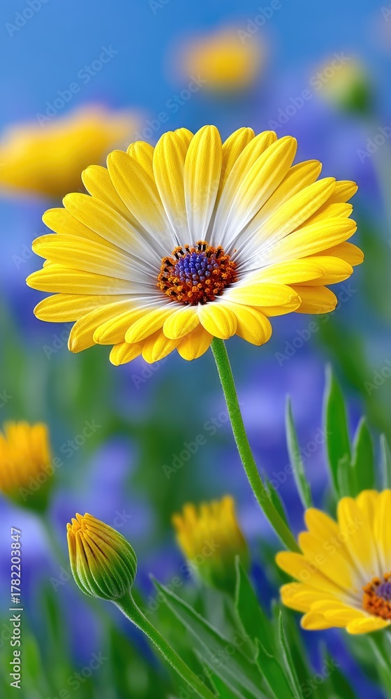 Obraz premium Vibrant Close-up of Bright Yellow Daisy Flowers with Green Stems Against a Soft Blue Sky and Blurred Purple Floral Background