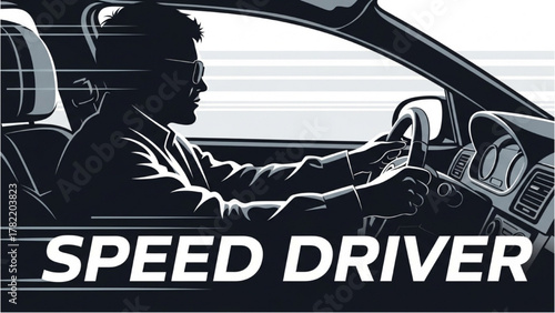 Graphic illustration of a focused man in glasses driving a car at high speed with a motion blur effect