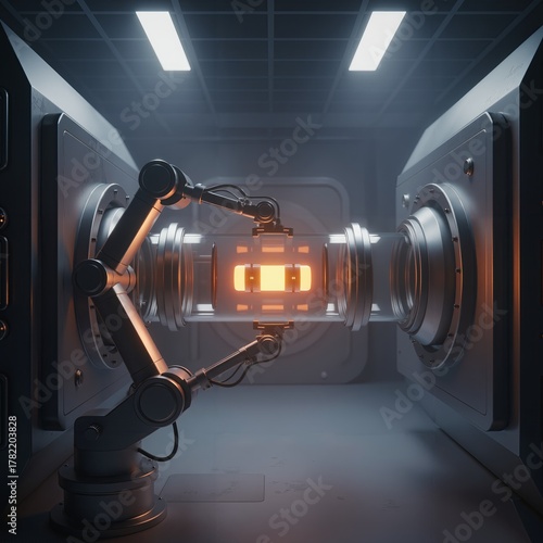 Futuristic sci-fi fusion reactor core or highly advanced scientific experiment, with robotic arms manipulating a glowing plasma energy source in a sterile facility.