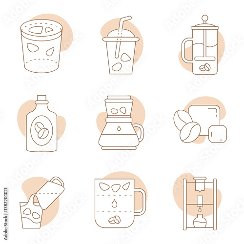 Cold brew coffee icons, cold pressed mocha thin line pictograms, nitro cold brew coffee symbols