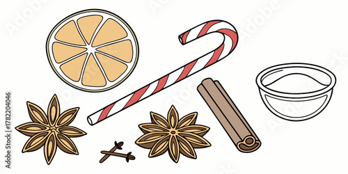 Illustration of christmas spices and candy cane with orange slice and sugar bowl