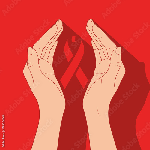 Hands forming a protective shape around an aids awareness ribbon on red background.