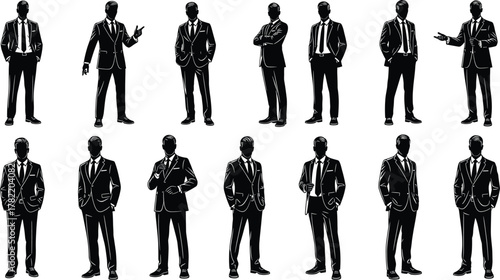 Silhouette businessmen standing, corporate gesture poses, black outline figures, formal attire group, posture variation, minimal vector design, professional stance concept