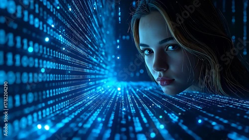 Wallpaper Mural Woman and Digital Data Stream - A Futuristic Technology Concept. Torontodigital.ca