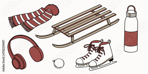 Illustration of winter accessories including a scarf, sled, and ice skates