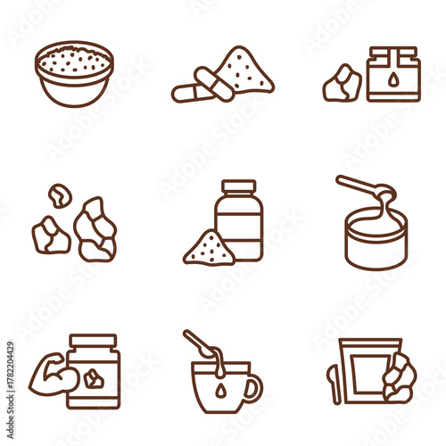 Shilajit resin icons, Mumijo powder line pictograms, Shilajit extract honey symbols