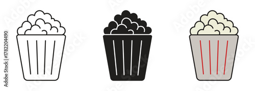 Popcorn icon set. Cinema snack symbol. Pop corn bucket vector illustration. 
