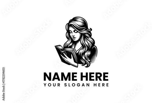 Classic logo design of a beautiful woman with flowing hair reading a book. An elegant emblem for authors or publishers. Vector graphic illustration