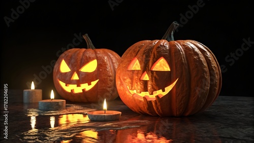 Glowing Halloween Pumpkins with Candles on Wet Surface at Night