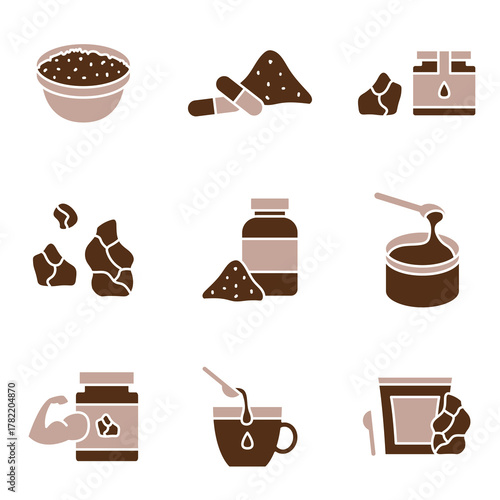 Shilajit supplement icons, mumio powder glyph pictograms, Himalayan shilajit oil symbols