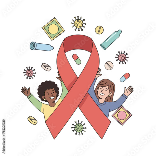 World aids day vector illustration with red ribbon, pills, condoms and two women.