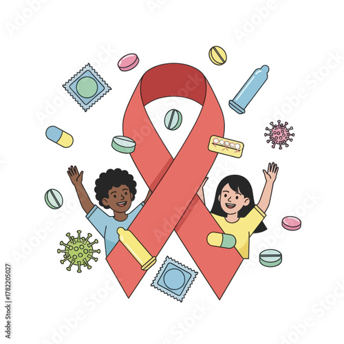 World aids day. Young woman and man with red ribbon, condoms and pills. Vector.