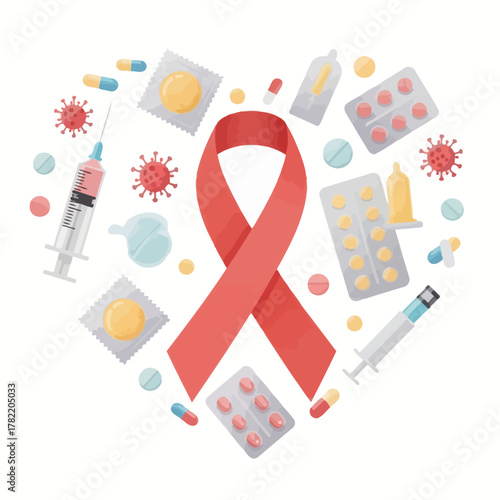 Aids awareness ribbon with condoms, pills, and syringes in heart shape. Prevention concept.