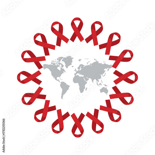 World aids day. Red ribbons circle a world map, symbolizing global awareness.