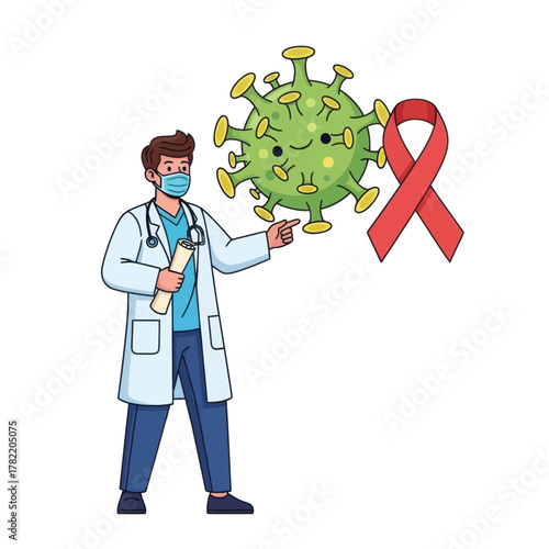 Doctor pointing at virus and red ribbon. Concept of health, disease and awareness.