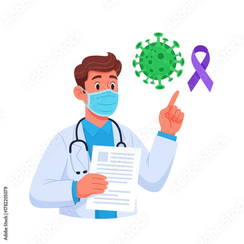 Doctor in mask points to virus and purple ribbon. Medical professional concept.