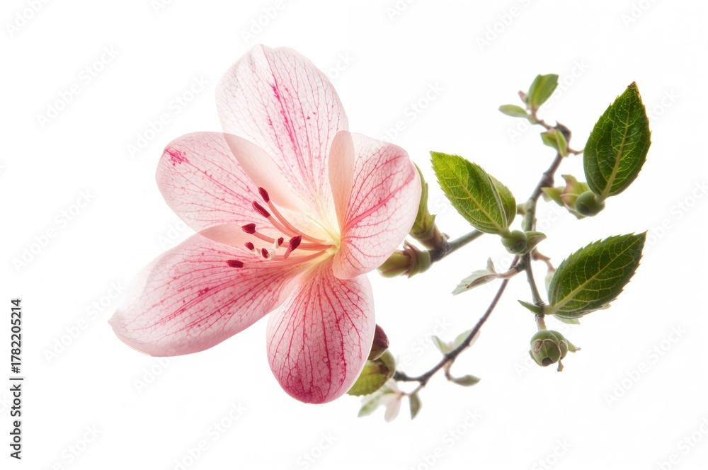 Obraz premium Isolated Begonia blossoms alongside Malus spectabilis twigs and foliage on a white backdrop