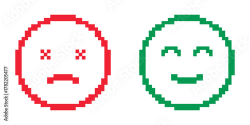 Red Sad Face And Green Happy Face Pixel Art Icon Set. Emotional Expression And Mood Representation Symbol Collection. Feedback And Sentiment Analysis. Isolated Vector Illustration