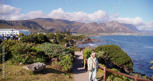 Panorama of the Atlantic Ocean coastline in the town of Hermanus, known as a whale mating ground.