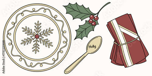 Festive holiday table setting with plate holly berries spoon and napkins neatly tied