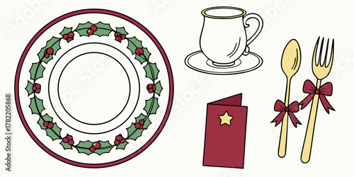 Festive christmas dinner table setting with plate cup cutlery and menu card item