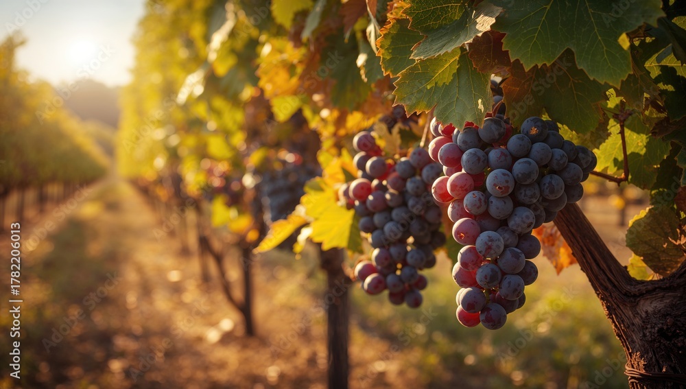 Obraz premium A vibrant photo of wine grapes on a vine in a vineyard, showcasing the approach of autumn harvest, seasonal change
