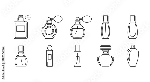 Collection of elegant perfume bottle outline icons, perfect for graphic and web design, apps, adverts, and various cards. This ordered set features diverse bottle shapes and spray mechanisms
