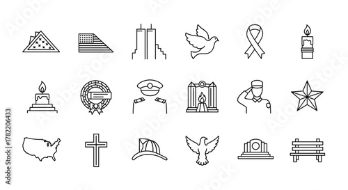 Patriot Day Memorial Outline Icon Bundle: A Collection of Black Line Icons on White Background Featuring American Symbols, Remembrance, and Peace, Perfect for Commemorative Designs and Tributes.