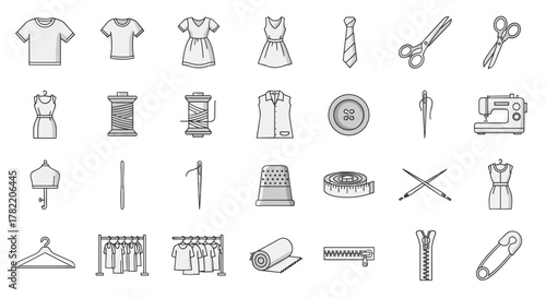 Set of sewing and garment-related line icons, editable stroke for design, web sites, apps, cards. Contains linear images of t-shirt, dress, tie, measuring tape, scissors, thread spool, sewing