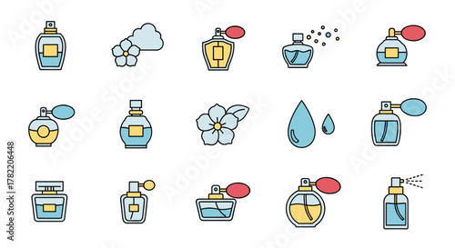 Collection of stylized perfume bottles and fragrance elements, including flowers and water drops, presented as flat vector icons on a clean white background, perfect for graphic design, web, and