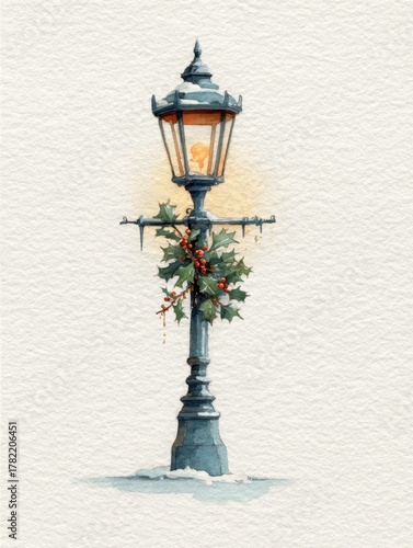 Winter evening scene of a lamp post adorned with holiday decorations in a snow-covered setting