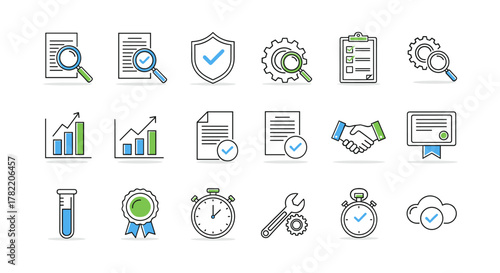 Quality control set of web icons in line style, featuring quality check, computing icons, graphs, handshake, certificate, stopwatch, test tube, and cloud. This ordered line icon set on a white