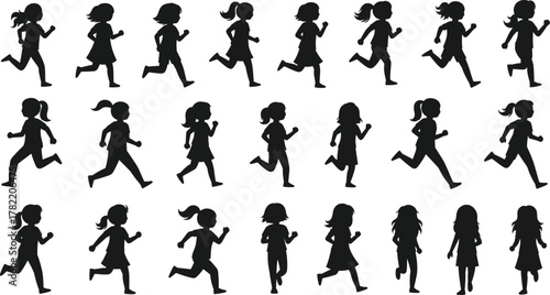Silhouette girl running, standing poses, black outline figures, motion and posture variation, minimal vector design, athletic gesture concept, character movement illustration