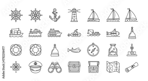 Vivid set of ship-related line icons, featuring outline signs for graphic and web design, apps, adverts, and various cards. This vector cartoon illustration includes elements like ship wheels