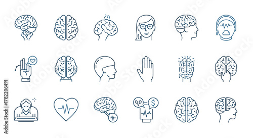 Set of simple linear icons representing the human brain and mental health concepts, including different views of the brain, emotional states, and cognitive processes. Minimalistic line art pictograms