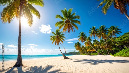 Fototapeta Naklejka Na Ścianę i Meble -  Sandy white beach with palm trees against a bright blue sky, on a sunny, tropical day with emerald water