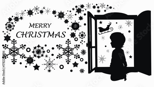 Silhouette of a child looking out a window at falling snow and a sleigh with reindeer on christmas eve