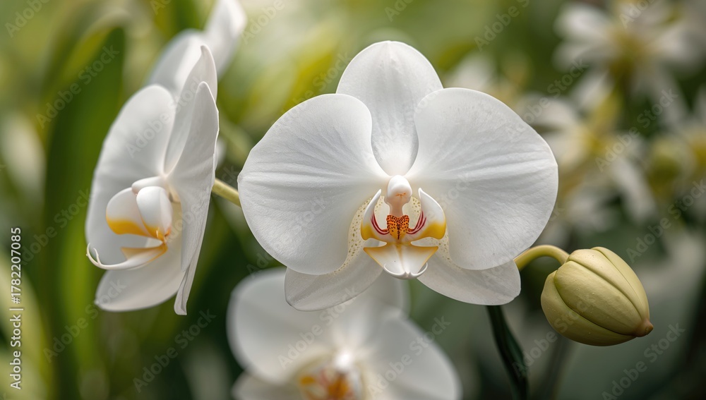 Fototapeta premium Macro shot of an Orchid flower, showcasing vibrant colors and intricate details, seasonal beauty