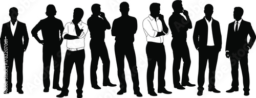 Silhouette men standing, business casual poses, black outline figures, male group, posture variation, minimal vector design, fashion gesture concept, social identity