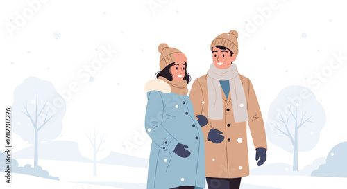 A pregnant woman and her husband enjoy a winter walk together, perfect for family and parenting resources in Motherhood and Wellness materials.