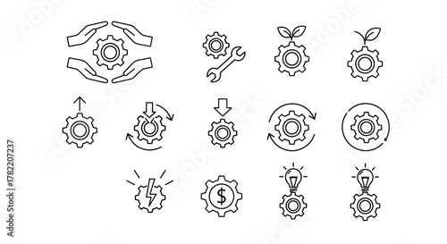 Set of thin line icons representing gears and cogwheels in various contexts, including hands protecting a gear, gears with tools, gears with growing plants, gears with arrows indicating process or