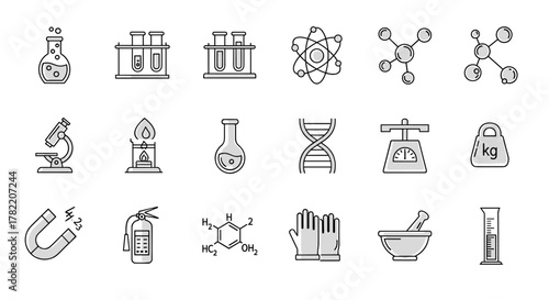 Set of thin line chemistry icons on a white background, featuring a flask with bubbles, test tubes, atomic models, microscope, Bunsen burner, DNA strand, magnet, fire extinguisher, chemical formula