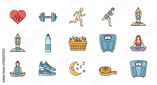 Vibrant collection of thin-line icons representing a healthy lifestyle, fitness, and wellness, perfect for apps, websites, banners, infographics, and diverse design projects. This set includes